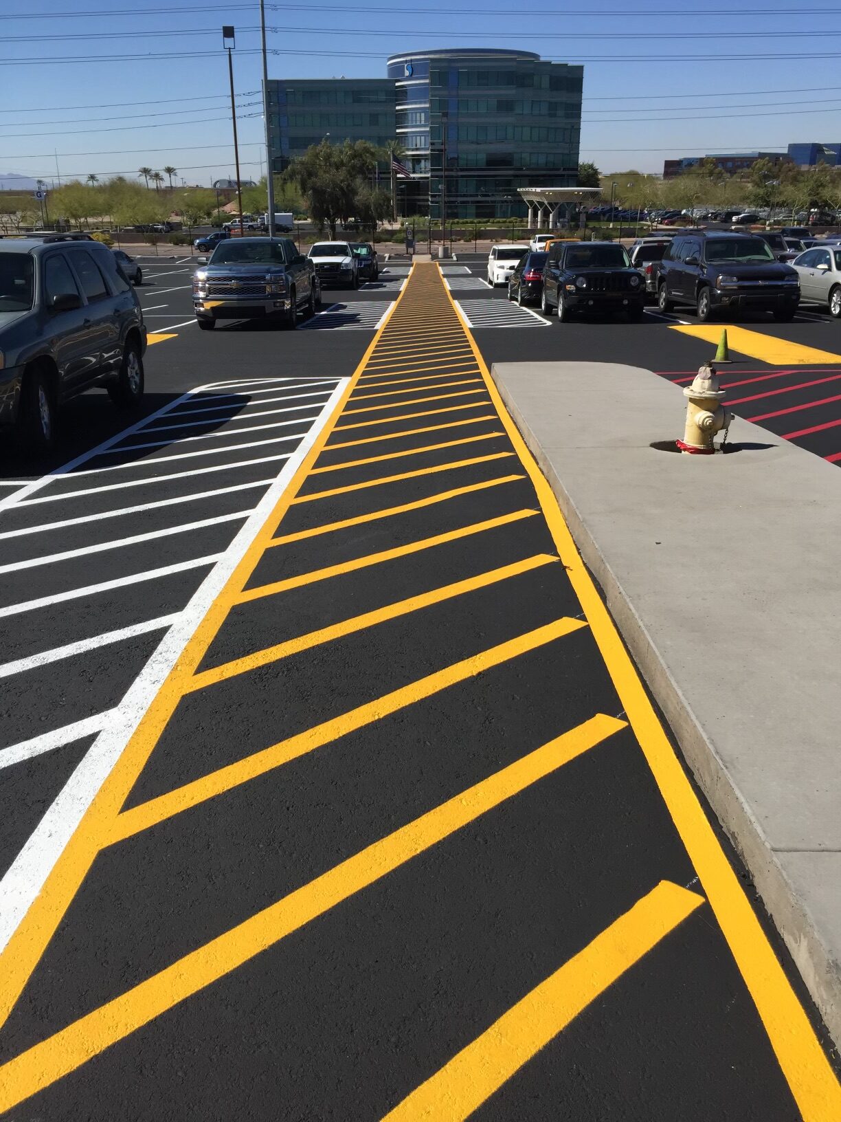 We Do Lines Arizona - A freshly painted parking lot with precise line striping, yellow-bordered walkways, white-striped parking spaces, and a distant office building in the background.