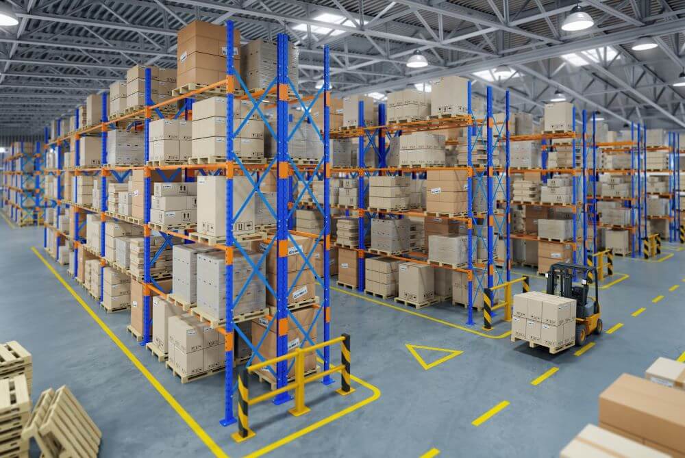 We Do Lines Arizona - Warehouse interior with tall metal racks filled with cardboard boxes. A forklift is placing boxes on a rack. The floor, featuring line striping, is marked with yellow safety lines.