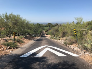 We Do Lines Arizona - A paved road with a speed bump leads into the distance, bordered by desert vegetation and signs on both sides.
